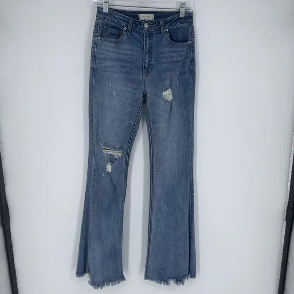 Harper Heritage High Rise Flare Jeans Distressed Medium Wash Raw Hem Size 27