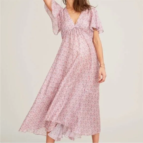 Hatch Maternity Margarette pink‎ Floral Short Sleeve Midi Dress Sz 1 (S)