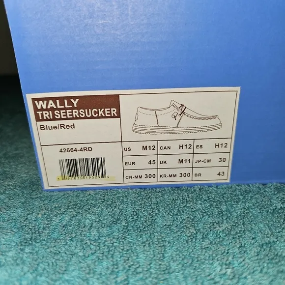 Hey Dude Wally Tri Seersucker Blue Red Slip-On Casual Shoes Men's Size 12
