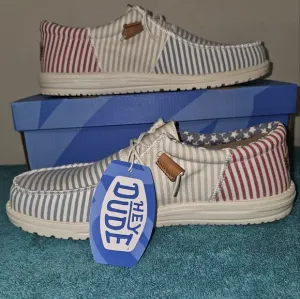Hey Dude Wally Tri Seersucker Blue Red Slip-On Casual Shoes Men's Size 12