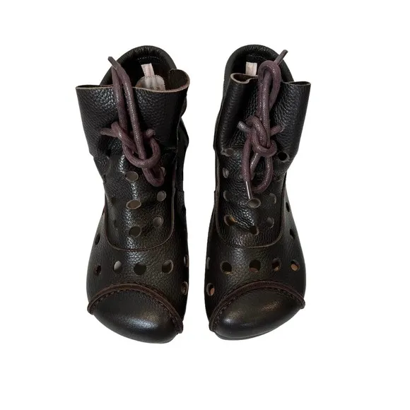 HZM Coffee Perforated Tie Leather Ankle Boots Women's 39 / US 8