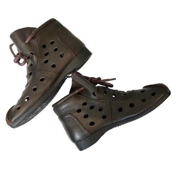 HZM Coffee Perforated Tie Leather Ankle Boots Women's 39 / US 8
