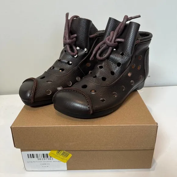 HZM Coffee Perforated Tie Leather Ankle Boots Women's 39 / US 8