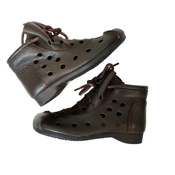 HZM Coffee Perforated Tie Leather Ankle Boots Women's 39 / US 8