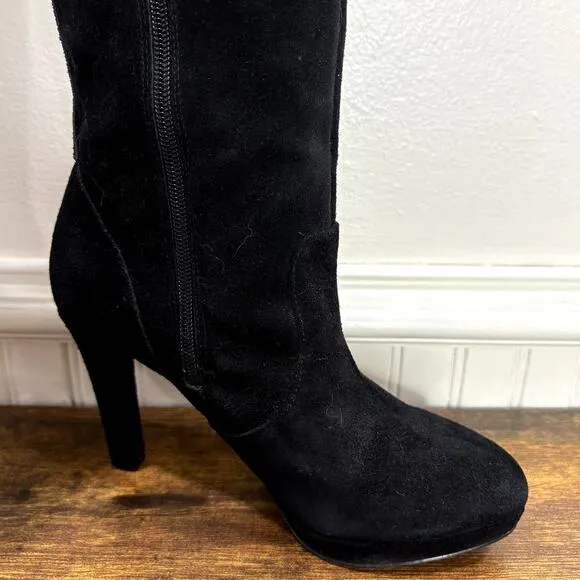 INC Size 7.5 Sheran Boots Over the Knee Black Suede Leather Heeled Round Toe