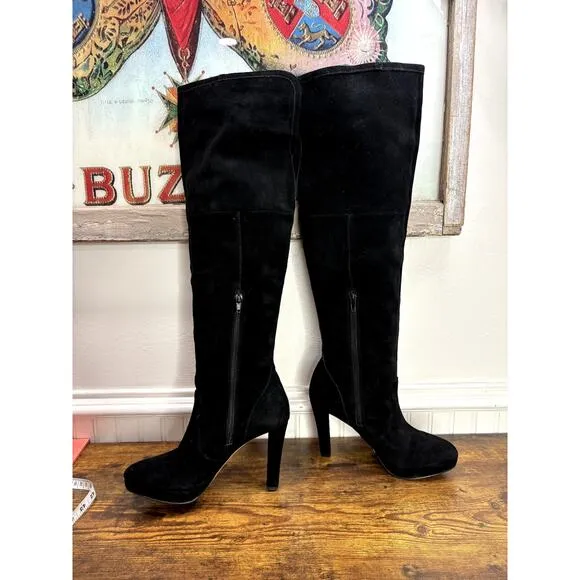 INC Size 7.5 Sheran Boots Over the Knee Black Suede Leather Heeled Round Toe