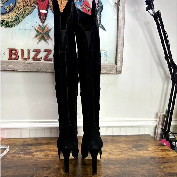 INC Size 7.5 Sheran Boots Over the Knee Black Suede Leather Heeled Round Toe