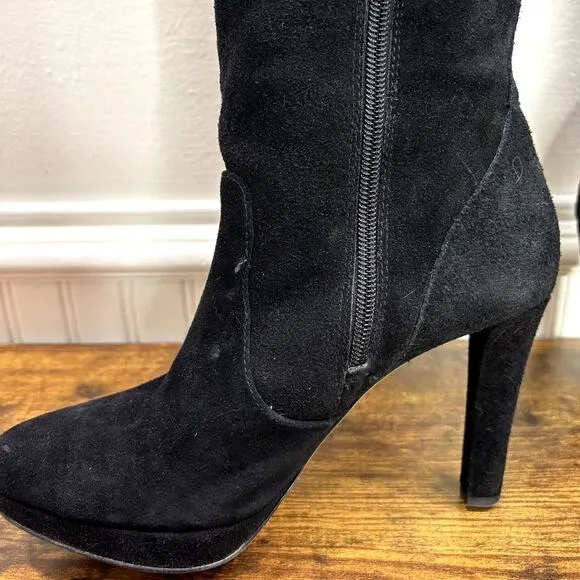 INC Size 7.5 Sheran Boots Over the Knee Black Suede Leather Heeled Round Toe