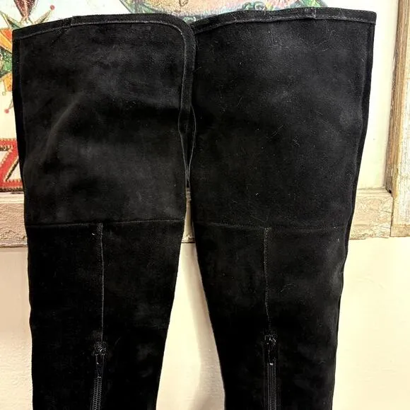 INC Size 7.5 Sheran Boots Over the Knee Black Suede Leather Heeled Round Toe