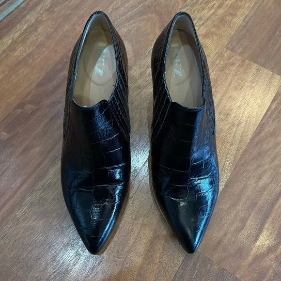 INEZ Marisol 70 in Black Croco Emboss Size 8 Pointy Toe Ankle Boot Stiletto Heel