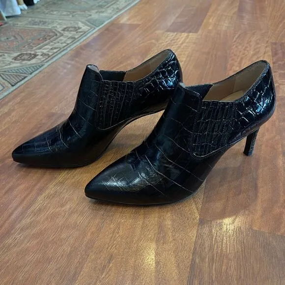 INEZ Marisol 70 in Black Croco Emboss Size 8 Pointy Toe Ankle Boot Stiletto Heel