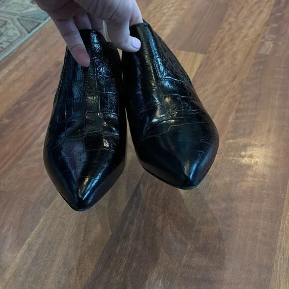 INEZ Marisol 70 in Black Croco Emboss Size 8 Pointy Toe Ankle Boot Stiletto Heel