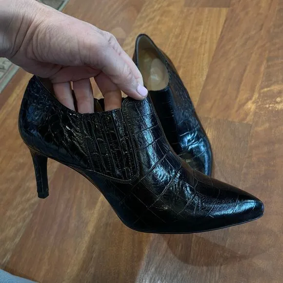 INEZ Marisol 70 in Black Croco Emboss Size 8 Pointy Toe Ankle Boot Stiletto Heel