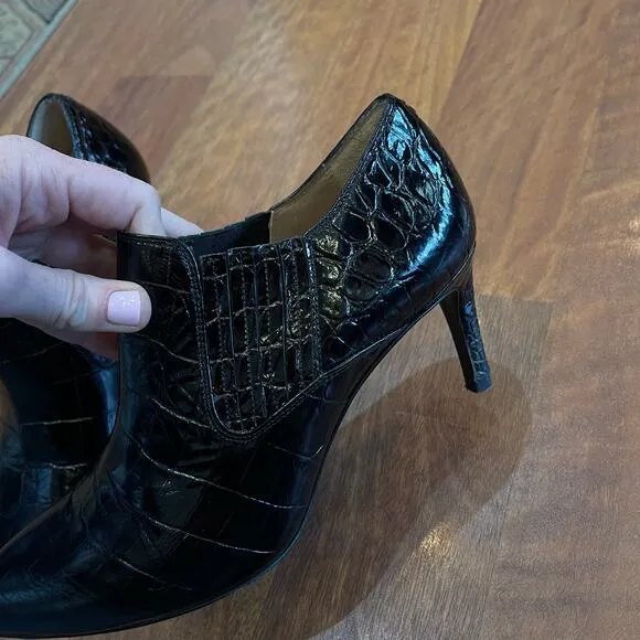 INEZ Marisol 70 in Black Croco Emboss Size 8 Pointy Toe Ankle Boot Stiletto Heel