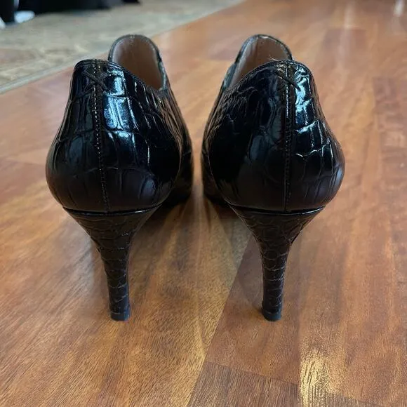 INEZ Marisol 70 in Black Croco Emboss Size 8 Pointy Toe Ankle Boot Stiletto Heel