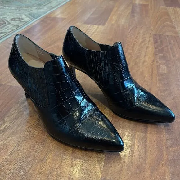 INEZ Marisol 70 in Black Croco Emboss Size 8 Pointy Toe Ankle Boot Stiletto Heel