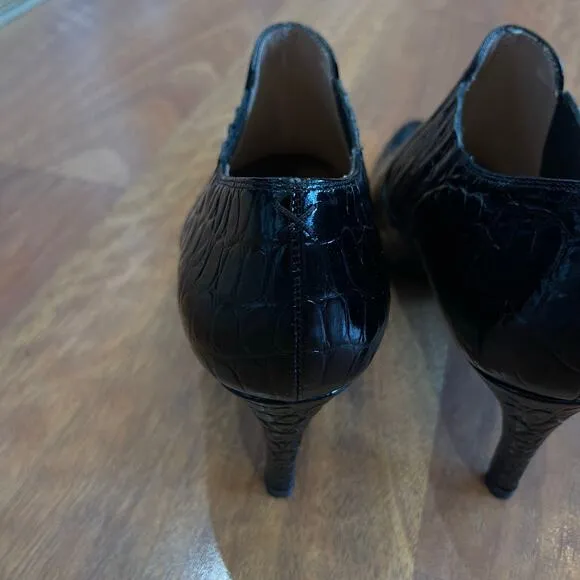 INEZ Marisol 70 in Black Croco Emboss Size 8 Pointy Toe Ankle Boot Stiletto Heel