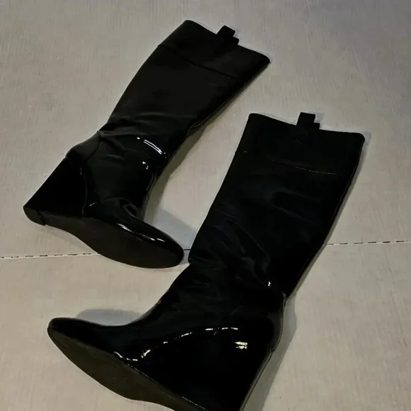 J Vincent Patent Leather Hidden‎ Wedge Black Grunge,Goth Knee High Boots SZ 9M