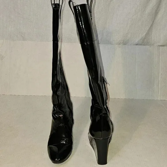 J Vincent Patent Leather Hidden‎ Wedge Black Grunge,Goth Knee High Boots SZ 9M