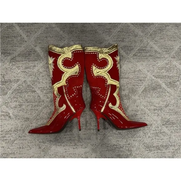 Jeffrey Campbell Business Boots Red Patent Suede Gold US 7