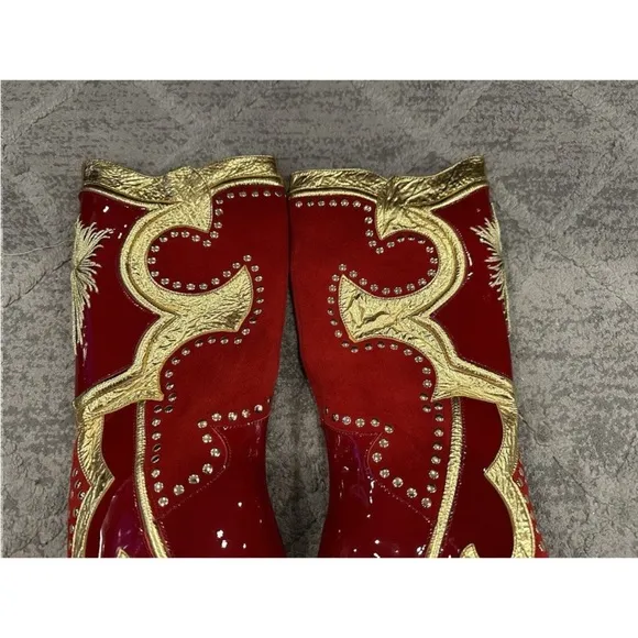 Jeffrey Campbell Business Boots Red Patent Suede Gold US 7