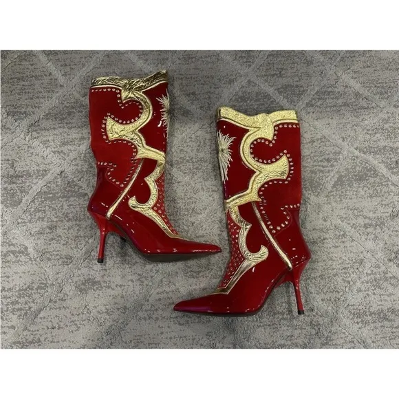 Jeffrey Campbell Business Boots Red Patent Suede Gold US 7