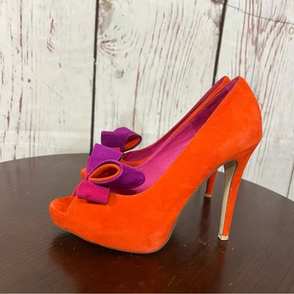 JEFFREY CAMPBELL GARRET orange combo Women's Bow Accent peep toe high heels 7.5