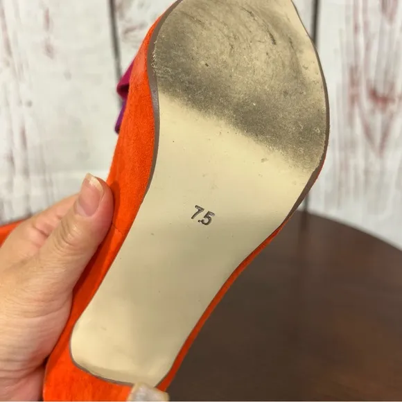 JEFFREY CAMPBELL GARRET orange combo Women's Bow Accent peep toe high heels 7.5