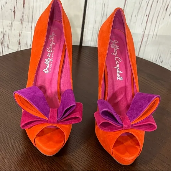 JEFFREY CAMPBELL GARRET orange combo Women's Bow Accent peep toe high heels 7.5