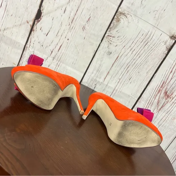 JEFFREY CAMPBELL GARRET orange combo Women's Bow Accent peep toe high heels 7.5