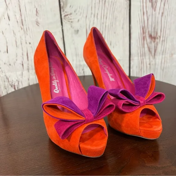 JEFFREY CAMPBELL GARRET orange combo Women's Bow Accent peep toe high heels 7.5