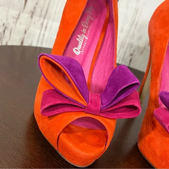 JEFFREY CAMPBELL GARRET orange combo Women's Bow Accent peep toe high heels 7.5
