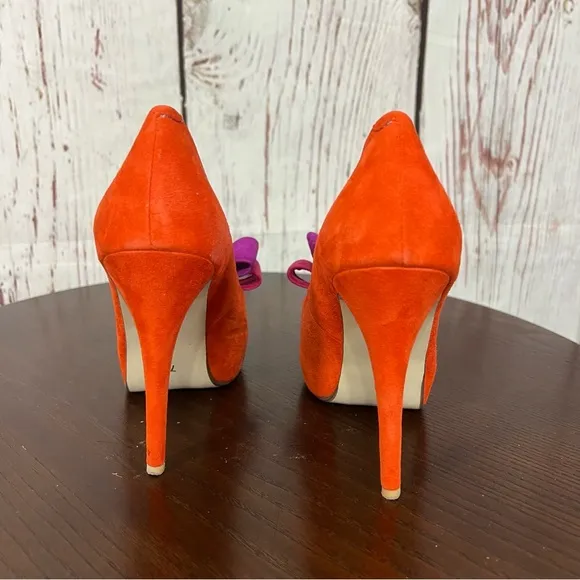 JEFFREY CAMPBELL GARRET orange combo Women's Bow Accent peep toe high heels 7.5