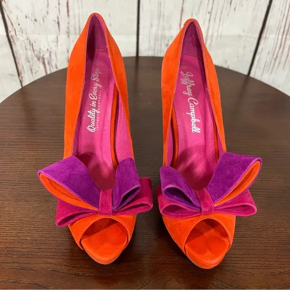 JEFFREY CAMPBELL GARRET orange combo Women's Bow Accent peep toe high heels 7.5