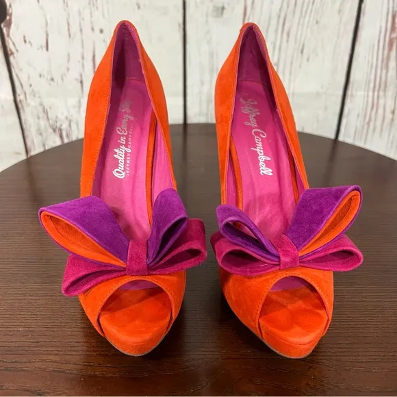 JEFFREY CAMPBELL GARRET orange combo Women's Bow Accent peep toe high heels 7.5