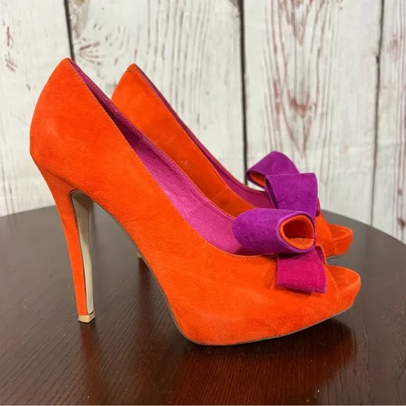 JEFFREY CAMPBELL GARRET orange combo Women's Bow Accent peep toe high heels 7.5
