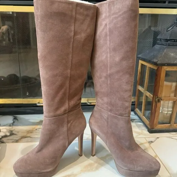 Jessica Simpson beige/taupe suede platform stiletto heeled boots