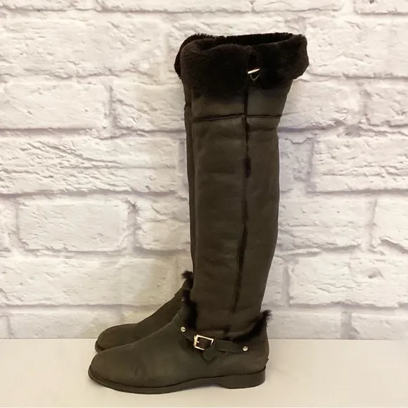 Jimmy Choo 9.5 (39.5) Tall Knee High Shearling Lined Suede Brown Women's Boots