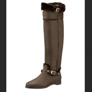 Jimmy Choo 9.5 (39.5) Tall Knee High Shearling Lined Suede Brown Women's Boots