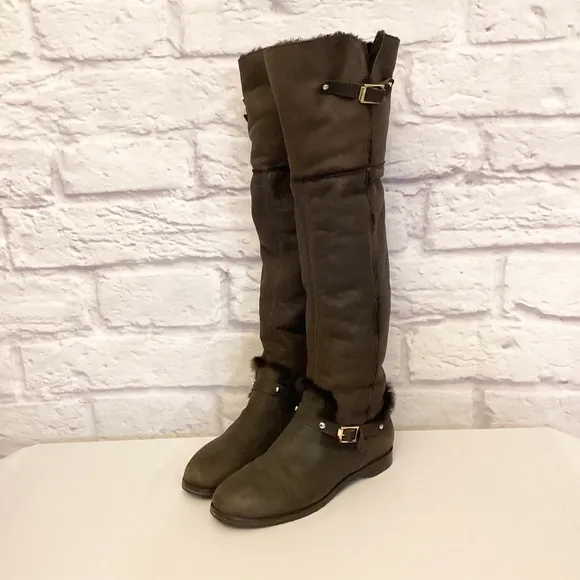 Jimmy Choo 9.5 (39.5) Tall Knee High Shearling Lined Suede Brown Women's Boots