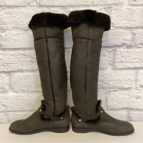 Jimmy Choo 9.5 (39.5) Tall Knee High Shearling Lined Suede Brown Women's Boots