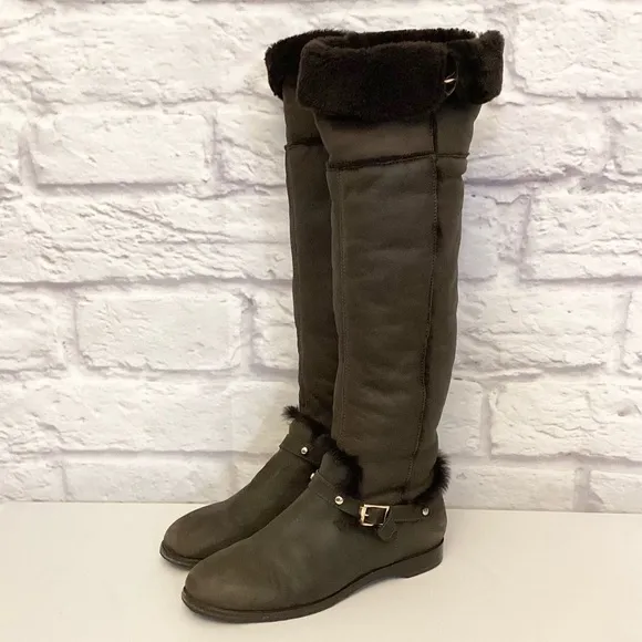 Jimmy Choo 9.5 (39.5) Tall Knee High Shearling Lined Suede Brown Women's Boots