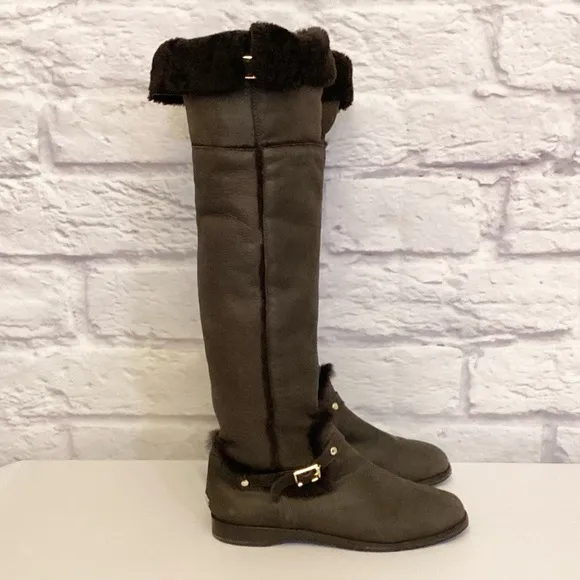 Jimmy Choo 9.5 (39.5) Tall Knee High Shearling Lined Suede Brown Women's Boots