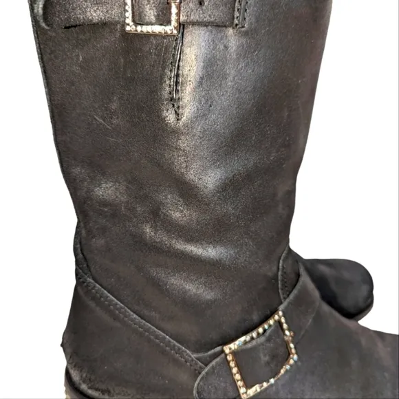 JIMMY CHOO Crystal-Detailed Suede Biker Boots in Black Size 40/US 9