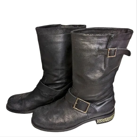 JIMMY CHOO Crystal-Detailed Suede Biker Boots in Black Size 40/US 9