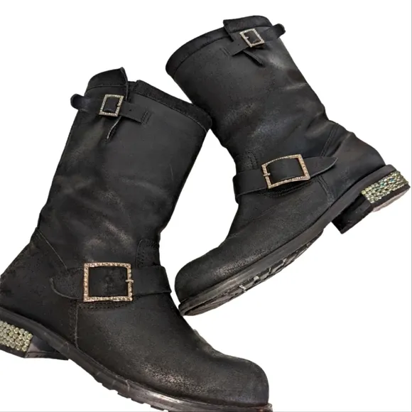 JIMMY CHOO Crystal-Detailed Suede Biker Boots in Black Size 40/US 9