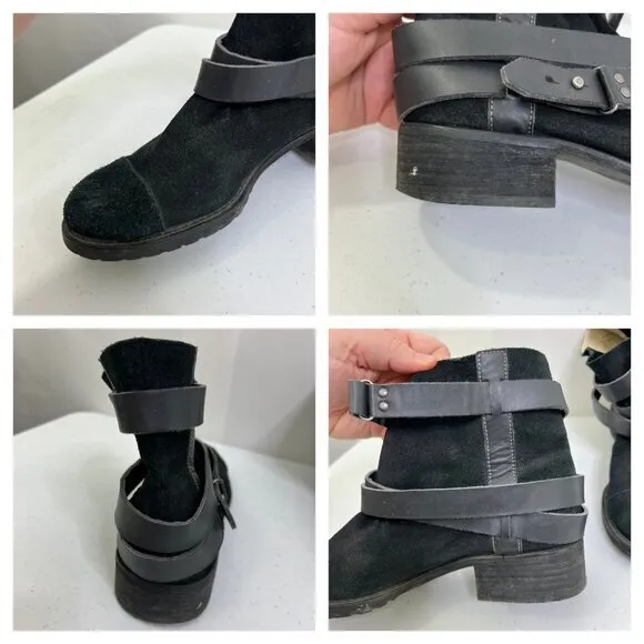 Joe's Sami Boots 9 M Black Suede Strappy Combat Moto Punk Ankle‎ $260 Buckle