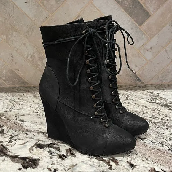 JOIE Break On Through Black Leather Wedge Lace-Up Midi Boots Size 37