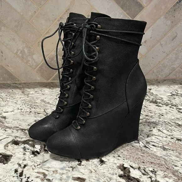 JOIE Break On Through Black Leather Wedge Lace-Up Midi Boots Size 37