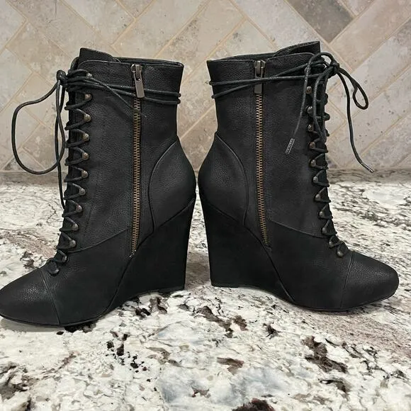 JOIE Break On Through Black Leather Wedge Lace-Up Midi Boots Size 37